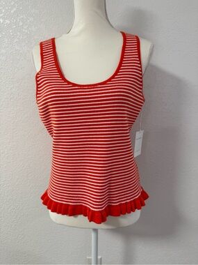 FREE ASSEMBLY Striped Knit Scoop Neck Wide Strap Ruffle Hem Tank Orange/White L